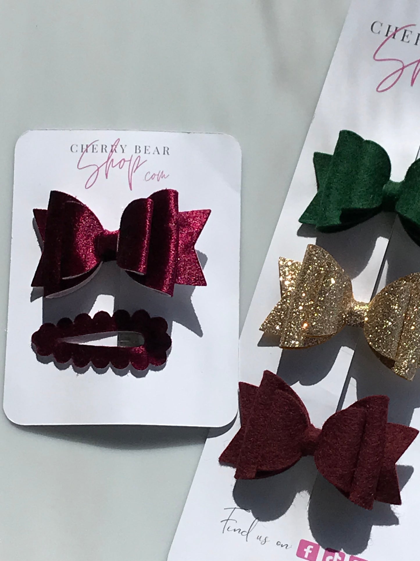 Enchanting Holiday Hair Accessories: Collection in Green, Glitter Gold, and Burgundy Hues + Burgundy Hair Bow with Matching Snap Clip